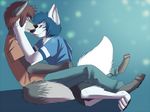  black_nose blue_eyes blue_hair brown_hair canine casparr clothing couple duo fluffy_tail fur gay grey_fur hair hockeywolf hug jeans koronis male mammal romantic shirt white_fur wolf 