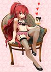  1girl ^_^ animal bird bra chair drooling earrings elesis elesis_sieghart eyes_closed fishnets frills garter garter_belt grand_chase hand_on_knee heart hearts jewelry lingerie long_hair necklace panties ponytail red_eyes red_hair ruffles saliva scrunchie shoes sitting solo text thighhighs underwear 