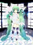  bad_id bad_pixiv_id flower green_eyes green_hair hatsune_miku kneehighs long_hair sitting solo twintails very_long_hair vocaloid yazawan 