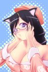  animal_ears animal_print bare_shoulders black_hair breasts cat_ears cat_print covered_nipples glasses hands_on_own_cheeks hands_on_own_face hanekawa_tsubasa hat large_breasts monogatari_(series) pajamas purple_eyes shirimetsu solo 