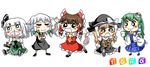  blonde_hair blush bob_cut braid brown_hair child detached_sleeves dress dress_shirt frog_hair_ornament green_hair hair_ornament hakurei_reimu hat izayoi_sakuya joyfull_(terrace) kirisame_marisa kochiya_sanae konpaku_youmu long_hair multiple_girls open_mouth ribbon saliva shirt short_hair skirt smile sword touhou twin_braids vest weapon white_hair witch_hat yellow_eyes 