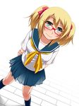  blonde_hair breasts glasses green_eyes hair_ribbon hayashi_custom medium_breasts original pleated_skirt red-framed_eyewear ribbon school_uniform see-through senjugiku_tabane serafuku simple_background skirt smile solo twintails white_background 