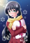  black_hair coat flower gift green_eyes hair_flower hair_ornament highres long_hair nekoya_kazuya saten_ruiko scarf snowflakes to_aru_kagaku_no_railgun to_aru_majutsu_no_index 