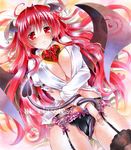  at_classics black_legwear black_panties blush breast_hold breast_squeeze breasts demon_tail dress_shirt garter_belt gift heart koakuma large_breasts long_hair looking_at_viewer marker_(medium) no_bra panties red_eyes sample shirt solo tail tail_wrap thighhighs touhou traditional_media underwear valentine white_shirt wings 