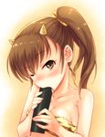  animal_print breasts brown_eyes brown_hair cleavage ehoumaki food futami_mami fuyube_rion highres horns idolmaster idolmaster_(classic) long_hair makizushi medium_breasts one_eye_closed oni setsubun sexually_suggestive side_ponytail solo sushi tiger_print tongue 