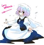  apron bad_id bad_pixiv_id blue_eyes blush breasts character_name hat letty_whiterock long_sleeves medium_breasts open_mouth purple_hair scarf short_hair skirt smile snow solo takamura touhou white_scarf 