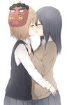  black_hair blonde_hair closed_eyes couple eyebrows_visible_through_hair french_kiss from_side hand_on_another's_chest hug kiss long_hair long_sleeves mask mask_removed multiple_girls naraba_yueni oni_mask original school_uniform setsubun short_hair simple_background skirt sweater sweater_vest tongue white_background yuri 