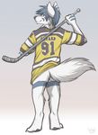  black_nose blue_hair boston_bruins butt canine fluffy_tail hair hockeywolf ice_hockey keihound looking_at_viewer male mammal smile solo sport wolf 