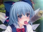  blue_eyes blue_hair blush bow censored cirno food hair_bow heart makizushi novelty_censor onsen_tamago_(nurumayu_onsen) sexually_suggestive short_hair solo sushi tongue tongue_out touhou upper_body wings 