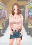  bare_shoulders belt blush breasts brown_hair chair cleavage embarrassed erect_nipples highres large_breasts long_hair pachinko red_eyes skirt solo standing 