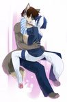  biceps black_claws blue_hair brown_hair butt canine claws clothed clothing couple duo eyes_closed fur gay grey_fur hair half-dressed hockeywolf hug kissing koronis kubikitsune male mammal muscles pawpads romantic topless white_fur wolf 