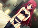  1girl black_bra black_panties blue_eyes blush bra breasts cleavage da_capo game_cg indoors jewelry konata_(artist) kotori_love_ex_p long_hair panties red_hair ring shirakawa_kotori solo standing underwear 