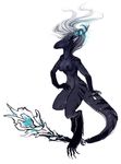  breasts dragon female hair harag horn long_hair navel nipples plain_background pointy_ears scalie solo teal_eyes thick_tail white_hair 