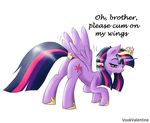  2013 butt cutie_mark english_text equine female friendship_is_magic hair horn horse incest inviting looking_at_viewer multi-colored_hair my_little_pony open_mouth pony purple_eyes seductive solo text twilight_sparkle_(mlp) unicorn vookvalentine wing_boner winged_unicorn wings 