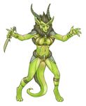  armband blank_eyes breasts cleavage clothed clothing dagger dragon ear_piercing female horn navel piercing pira plain_background pointy_ears scalie skimpy solo standing tribal weapon white_background 