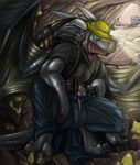  3_toes abs anthro bad_dragon biceps big black_dragon bulge cave clothing dragon duke_(bad_dragon) gold hard_hat hat helmet horn lamp light male mine miner muscles narse pants pecs pickaxe scales scalie shirt solo underground wings 