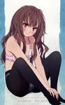  absurdres black_legwear blush bra brown_eyes brown_hair character_name crotch_seam highres kumari_kojika long_hair mahou_tsukai_no_yoru morii_shizuki panties panties_under_pantyhose pantyhose solo underwear underwear_only v_arms 