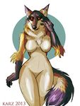  breasts canine claws female karzrave looking_at_viewer mammal michelle_harvey red_eyes simple_background smile solo standing voluptuous wolf 