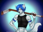  azelyn biceps black_nose blue_eyes blue_fur blue_hair canine clothing fur hair hockeywolf ice_hockey looking_at_viewer male mammal muscles pecs shirt smile solo tank_top white_fur wolf 