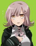  1girl bangs black_hoodie blush breasts commentary_request danganronpa eyebrows_visible_through_hair fingernails flipped_hair green_background hair_between_eyes hair_ornament hairclip hand_on_own_chest hood hoodie large_breasts light_brown_hair long_sleeves looking_at_viewer nanami_chiaki open_mouth out_of_frame pink_hair pink_ribbon ribbon short_hair simple_background solo super_danganronpa_2 suzuka_(rekkyo) 