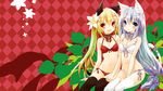  animal_ears black_legwear blonde_hair blue_eyes bra cat_ears cat_tail fang flower front-tie_top hair_flower hair_ornament highres long_hair looking_at_viewer multiple_girls navel original panties red_bra red_eyes red_panties ribbon saeki_touma side-tie_panties silver_hair sitting smile tail tail_ribbon thighhighs twintails underwear underwear_only wallpaper white_bra white_legwear white_panties widescreen 