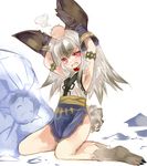  animal_ears armpits arms_up bunny_tail choker fang full_body gloves hands_on_own_head head_bump highres ice lagombi long_hair looking_at_viewer monster_hunter open_mouth paw_shoes personification red_eyes shoes silver_hair solo tail thighs umitsuki white_background 