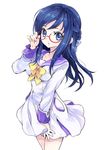  :o adjusting_eyewear blue_eyes blue_hair blue_sailor_collar bow dokidoki!_precure eyelashes glasses half_updo hishikawa_rikka long_hair oogai_daiichi_middle_school_uniform precure red-framed_eyewear ribbon sailor_collar school_uniform serafuku skirt solo white_background yukiwo 