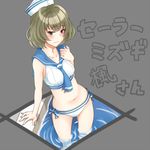  bare_shoulders bikini blue_eyes blush breasts brown_hair dixie_cup_hat green_eyes hat heterochromia idolmaster idolmaster_cinderella_girls looking_at_viewer medium_breasts midriff military_hat mole mole_under_eye navel sailor_bikini sailor_collar sailor_swimsuit_(idolmaster) short_hair solo swimsuit takagaki_kaede touryou water 