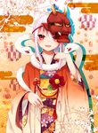  absurdres animal animal_around_neck bad_id bad_pixiv_id bell chiyomatsu egasumi fang floral_print flower goma_(11zihisin) highres horn japanese_clothes kimono long_hair mask original pointy_ears red_eyes seigaiha smile snake solo standing white_hair yagasuri 