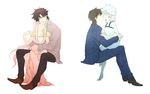  2girls black_hair brown_hair claudia_hortensia couple dress emiya_kiritsugu eyepatch fate/zero fate_(series) hetero highres husband_and_wife irisviel_von_einzbern kotomine_kirei multiple_boys multiple_girls piroshiki123 short_hair white_hair 