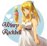  bad_id bad_pixiv_id belt blonde_hair blue_eyes bow breasts character_name cleavage earrings food fullmetal_alchemist hair_bow heart holding ice_cream ice_cream_cone jewelry long_hair medium_breasts polka_dot polka_dot_background ponytail riru smile solo winry_rockbell 