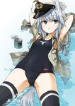  animal_ears arms_behind_head bad_id bad_pixiv_id blue_eyes copyright_request dakku_(ogitsune) flat_chest grey_hair hat highres mecha_musume one-piece_swimsuit open_clothes open_shirt school_swimsuit shirt solo submarine swimsuit tail thighhighs water watercraft wet wet_clothes wolf_ears 