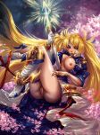  1girl areolae bangs blonde_hair blue_eyes boots bottomless bradamante_(fate/grand_order) breasts breasts_outside eyebrows_visible_through_hair fate/grand_order fate_(series) highres large_breasts long_hair low_twintails lying nipples on_back open_clothes pussy solo twintails type-moon very_long_hair yunaxd 
