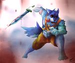  absurd_res anthro biceps black_eyes black_sclera blood blue_fur bulge canine claws clothing dark&#38851;&#21487; dark_tatsuka fangs fluffy_tail fur hi_res male mammal muscles panting pecs pose red_eyes shorts solo standing sword teeth tongue weapon wolf 