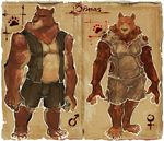  biceps black_nose breasts brown_fur bulge female frown fur male mammal model_sheet muscles muscular_female open_hirt pecs pockyrumz solo 