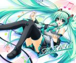  aoi_hiro blush character_name detached_sleeves electric_guitar green_eyes green_hair guitar hatsune_miku headset instrument long_hair musical_note nail_polish necktie open_mouth plectrum skirt smile solo thighhighs twintails very_long_hair vocaloid 