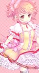  absurdres alice_(nh2) bow_(weapon) checkered checkered_background colorized flat_chest highres kaname_madoka mahou_shoujo_madoka_magica pink_eyes pink_hair short_hair smile solo weapon 