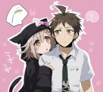  1boy 1girl ? ahoge animal_ears black_hoodie black_neckwear blush bow brown_eyes brown_hair cat_paws cat_tail closed_mouth commentary_request danganronpa ear_ribbon eyebrows_visible_through_hair flipped_hair grabbing hair_ornament hairclip hinata_hajime hood hoodie light_brown_eyes looking_at_another nanami_chiaki necktie open_mouth paws pink_background pink_hair pink_ribbon ribbon school_uniform shirt short_hair super_danganronpa_2 suzuka_(rekkyo) tail thought_bubble translation_request white_shirt 