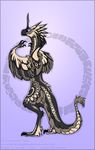  ambiguous_gender avian beak bird body_markings horn looking_at_viewer looking_back mangaryang markings purple_eyes simple_background solo standing winged_arms wings 