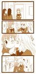  4koma blazer blush bow cheek_kiss classroom closed_eyes comic hachiko_(hati12) heart jacket kiss long_hair monochrome multiple_girls one_eye_closed original school_uniform short_hair translated waving yuri 