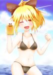  ;d alcohol beer bikini blonde_hair bow breasts hair_bow highres kurodani_yamame looking_at_viewer medium_breasts navel one_eye_closed open_mouth smile solo swimsuit takorice touhou 