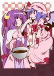  2girls ahoge alternate_hairstyle bat_wings blue_hair blush bow bowl chocolate crescent crescent_hair_ornament dress eichi_yuu finger_to_another's_mouth finger_to_mouth hair_bow hair_ornament heart long_hair multiple_girls no_hat no_headwear patchouli_knowledge pointy_ears purple_eyes purple_hair red_eyes remilia_scarlet short_hair smile touhou wings 
