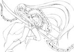  bikini_top black_rock_shooter black_rock_shooter_(character) boots coat greyscale katana lineart long_hair matsubara_tsuyoshi midriff monochrome navel shorts solo sword twintails very_long_hair weapon 