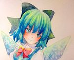  blue_eyes blue_hair bow cirno hair_bow ice ice_wings raised_eyebrow smirk solo touhou traditional_media watercolor_(medium) wings yuyu_(00365676) 
