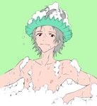  arm_support armpits bath bathing bubble_bath chocolate_sable green_background grey_hair hair_up light_smile looking_at_viewer male_focus nagisa_kaworu neon_genesis_evangelion nipples nude partially_submerged red_eyes shampoo shampoo_hat simple_background sitting smile soap_bubbles solo upper_body wet 