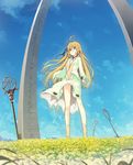  ahoge arch ass_visible_through_thighs bare_shoulders blonde_hair bottomless breasts center_opening cloud day dress grass highres itsui_(dihydrogenmonoxid) jewelry key legs long_hair long_legs medium_breasts navel necklace no_bra no_panties original oversized_object pointy_ears sky solo 
