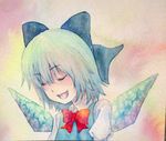  blue_eyes blue_hair bow cirno closed_eyes hair_bow ice ice_wings open_mouth smile solo touhou traditional_media watercolor_(medium) wings yuyu_(00365676) 