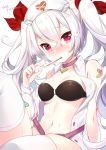  1girl azur_lane bare_shoulders belt black_bra bra breasts collar dress hair_between_eyes hair_ribbon hat koyama_sao navel no_panties nurse nurse_cap open_clothes open_dress red_eyes ribbon silver_hair small_breasts solo thermometer thighhighs underwear vampire_(azur_lane) 