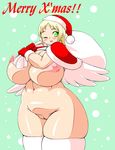 1girl angel blonde_hair breasts christmas curvy gigantic_breasts green_eyes halo maruke nipples original pussy short_hair smile solo thick_thighs thighs uncensored wide_hips wings wink 
