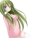  arms_behind_back bad_id bad_pixiv_id blue_eyes chimunge green_hair hair_tubes kochiya_sanae long_hair open_mouth ribbed_sweater ribbon smile solo sweater thighhighs touhou white_legwear 